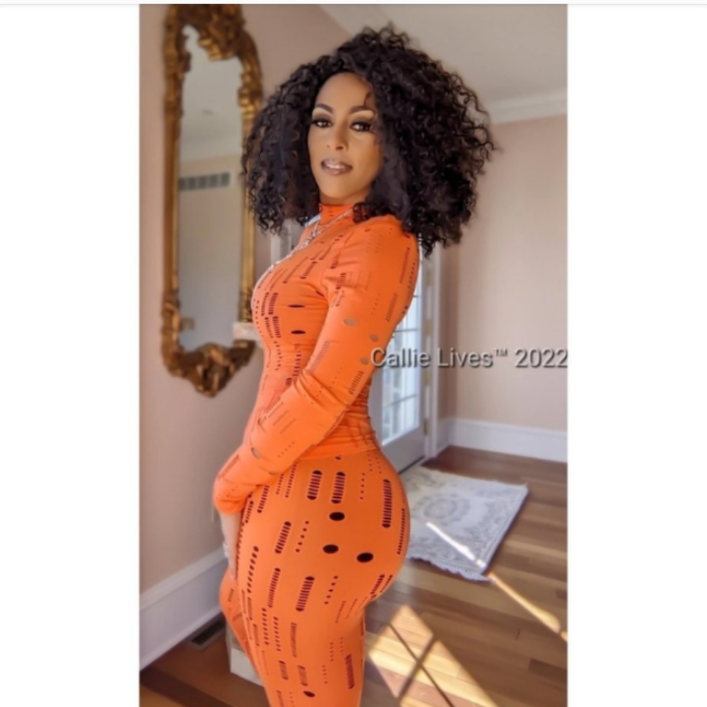 New Orange Peel Distressed Ripped Stretched Torn Mock Neck Bodycon Pant Set M - Picture 5 of 12